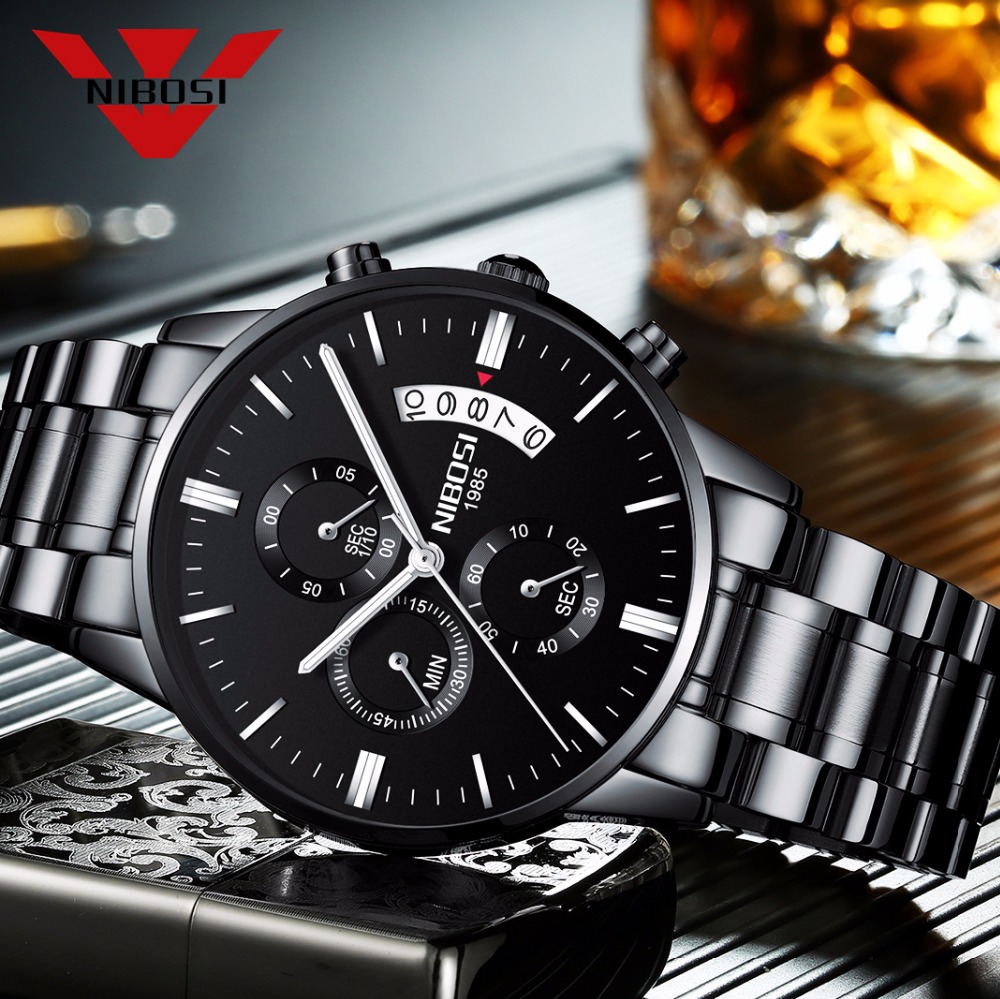 Luxury Watch Manufacturers - Nibosi-メンズクォーツ時計,ステンレススチールとブラック,高級ブランド,クロノグラフ,2309