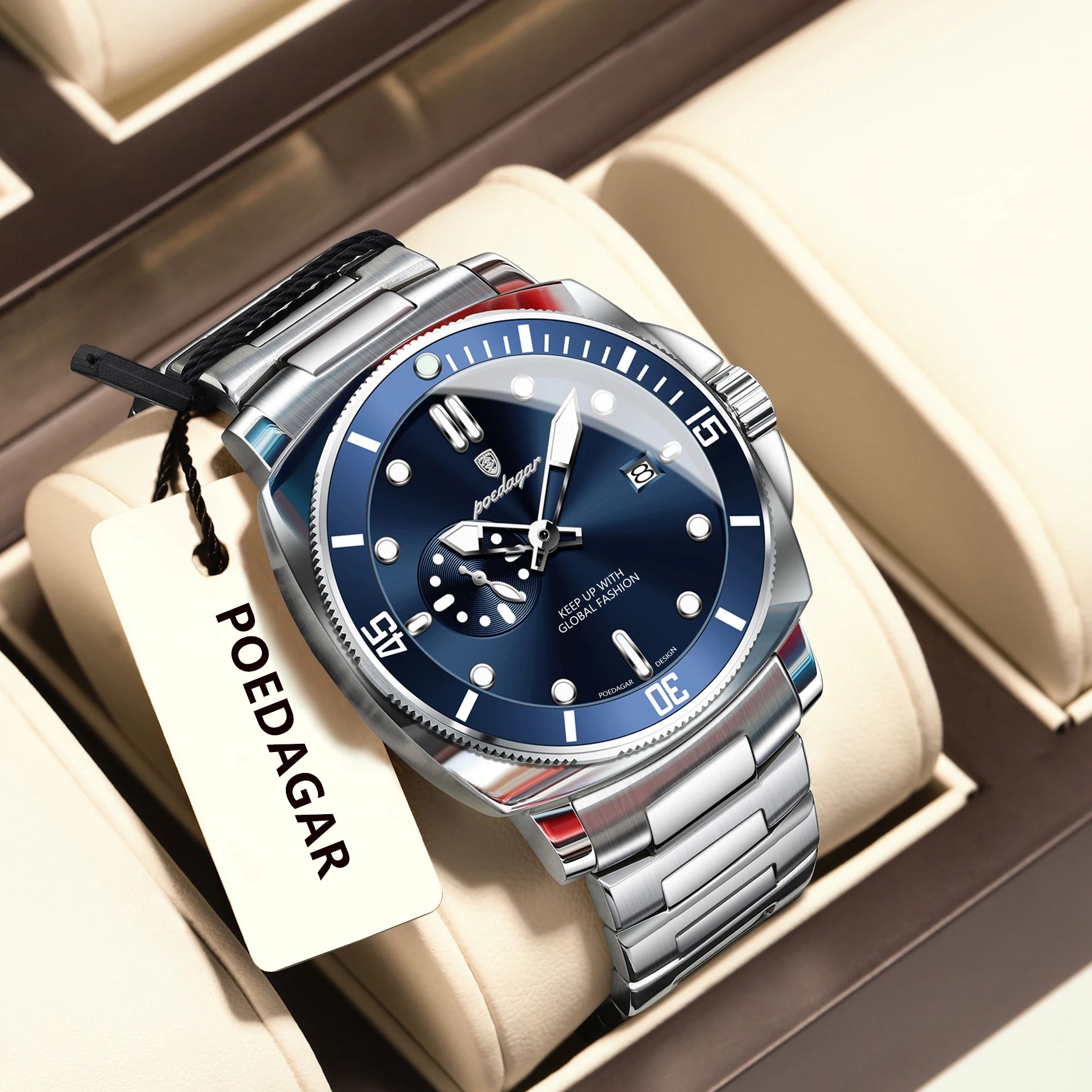 Luxury Watch Zone - POEDAGARトップファッション高級腕時計 メンズ 防水 夜光 日付表示 ステンレススチール