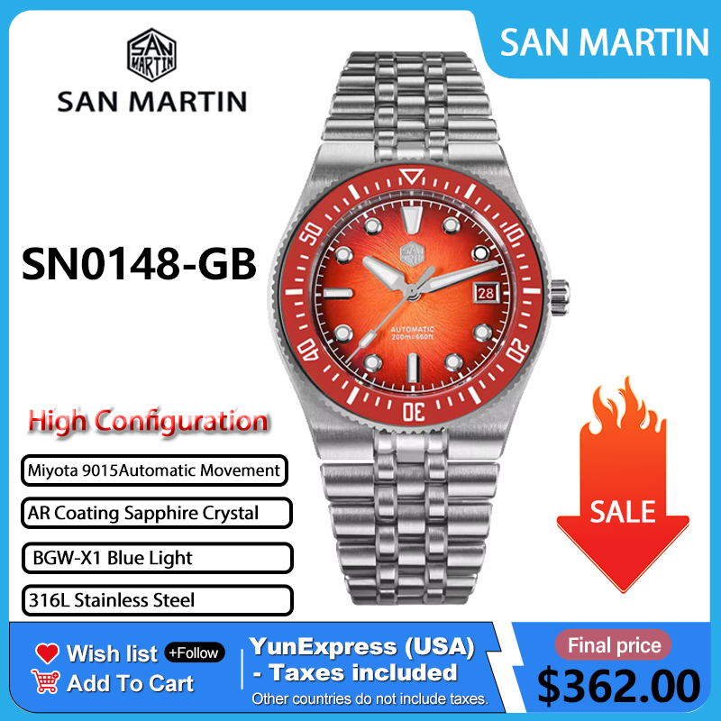 Cloisonne Enamel Dial - サンマーティン SN0148GB 40mm エナメルスパイラルダイヤル一体型ブレスレット メンズダイバーズウォッチ ミヨタ