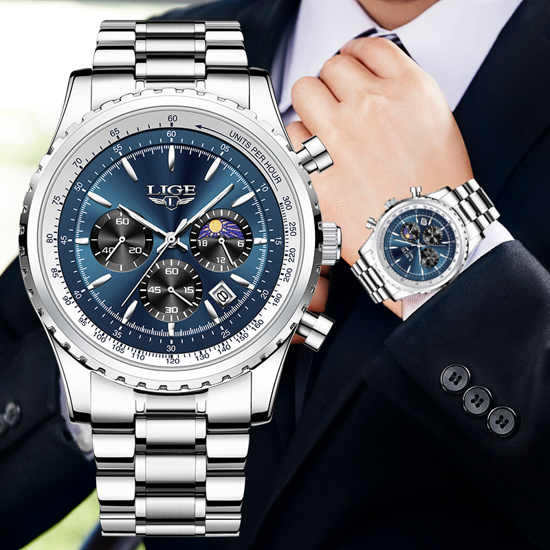 Luxury Watch Manufacturers - Lige-メンズラグジュアリークォーツ時計、月のフェーズ、ステンレス、カジュアル、スポーツ、防水、日付、素晴らしい腕時計、ブランド