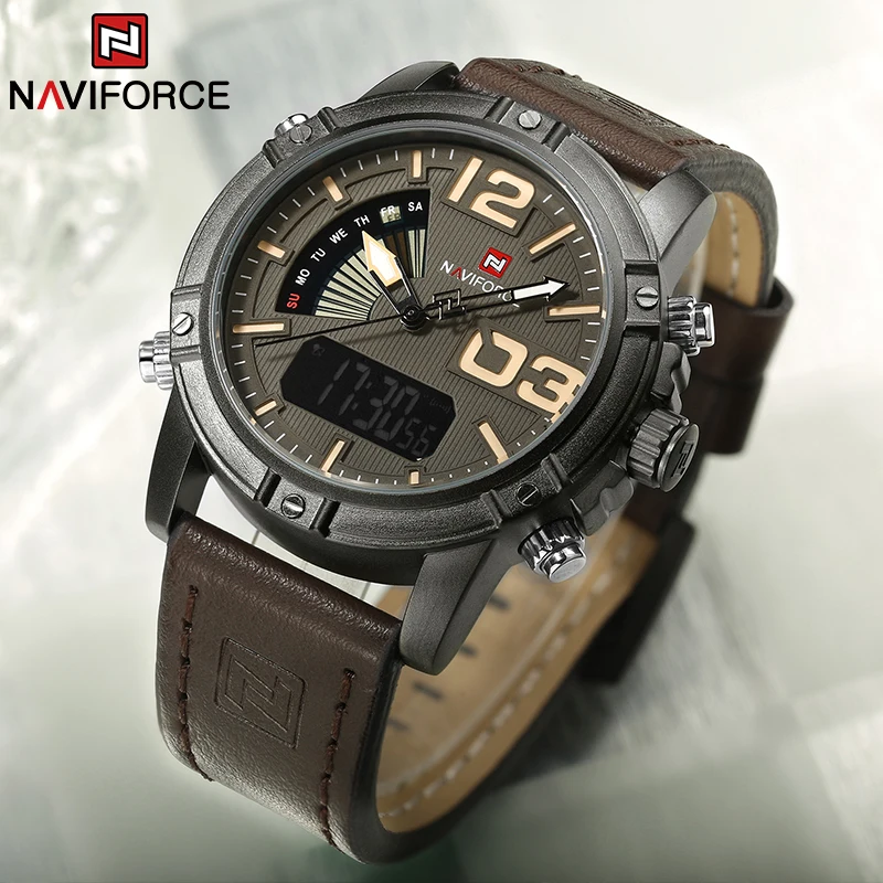 Luxury Watch Zone - NAVIFORCE トップブランドメンズ腕時計多機能 LED デジタルスポーツ腕時計高級ミリタリーレザーバンドクォーツ電子男性時計