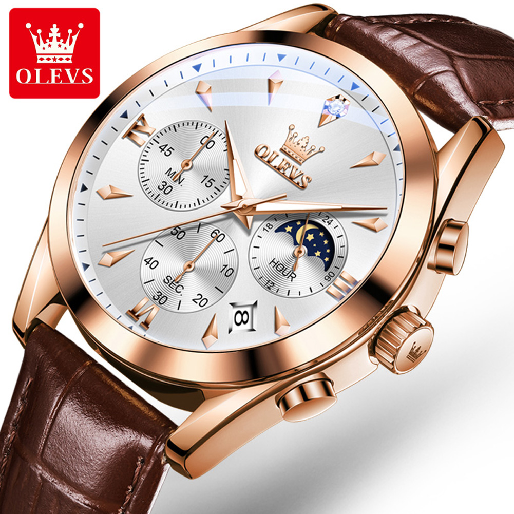 Luxury Watch Manufacturers - Olevs-メンズレザークォーツ時計,防水,発光,カレンダー,ラグジュアリー,クロノグラフ,ファッション,ブランド,新品