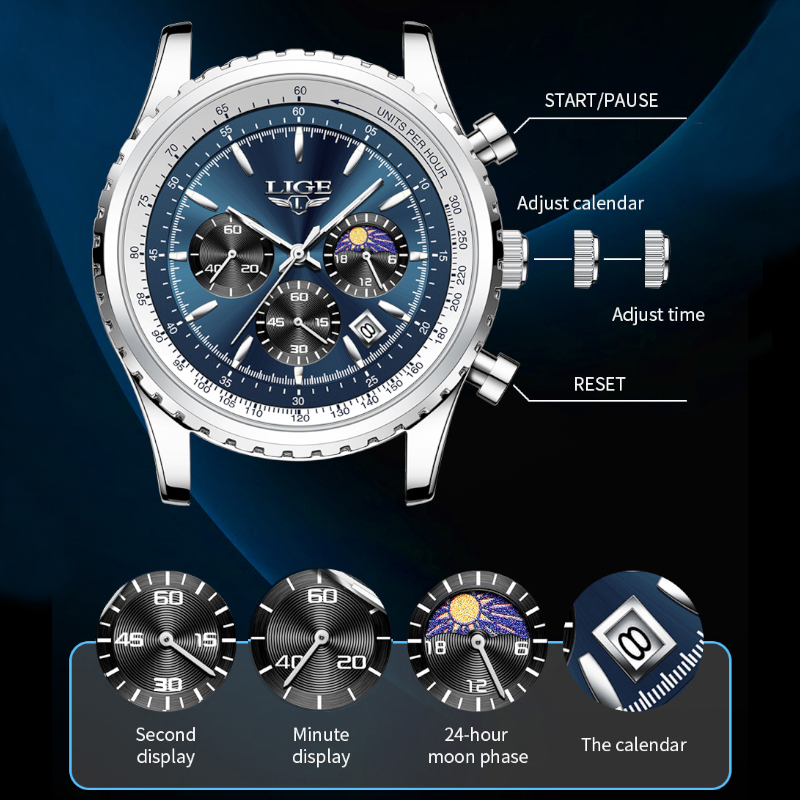 Lige-メンズラグジュアリークォーツ時計、月のフェーズ、ス - Luxury Watch Manufacturers のレビューと価格
