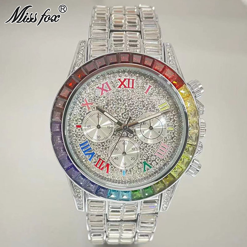 Missfox-男性用の高級クォーツ時計,長方形のレインボー - Luxury Watch Manufacturers のレビューと価格