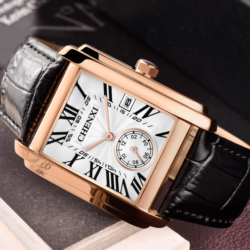 Chenxi-男性用のクラシックなスクエアブラウンレザーウォ - Luxury Watch Manufacturers のレビューと価格