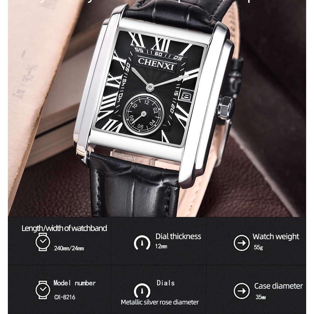 Chenxi-男性用のクラシックなスクエアブラウンレザーウォ - Luxury Watch Manufacturers のレビューと価格