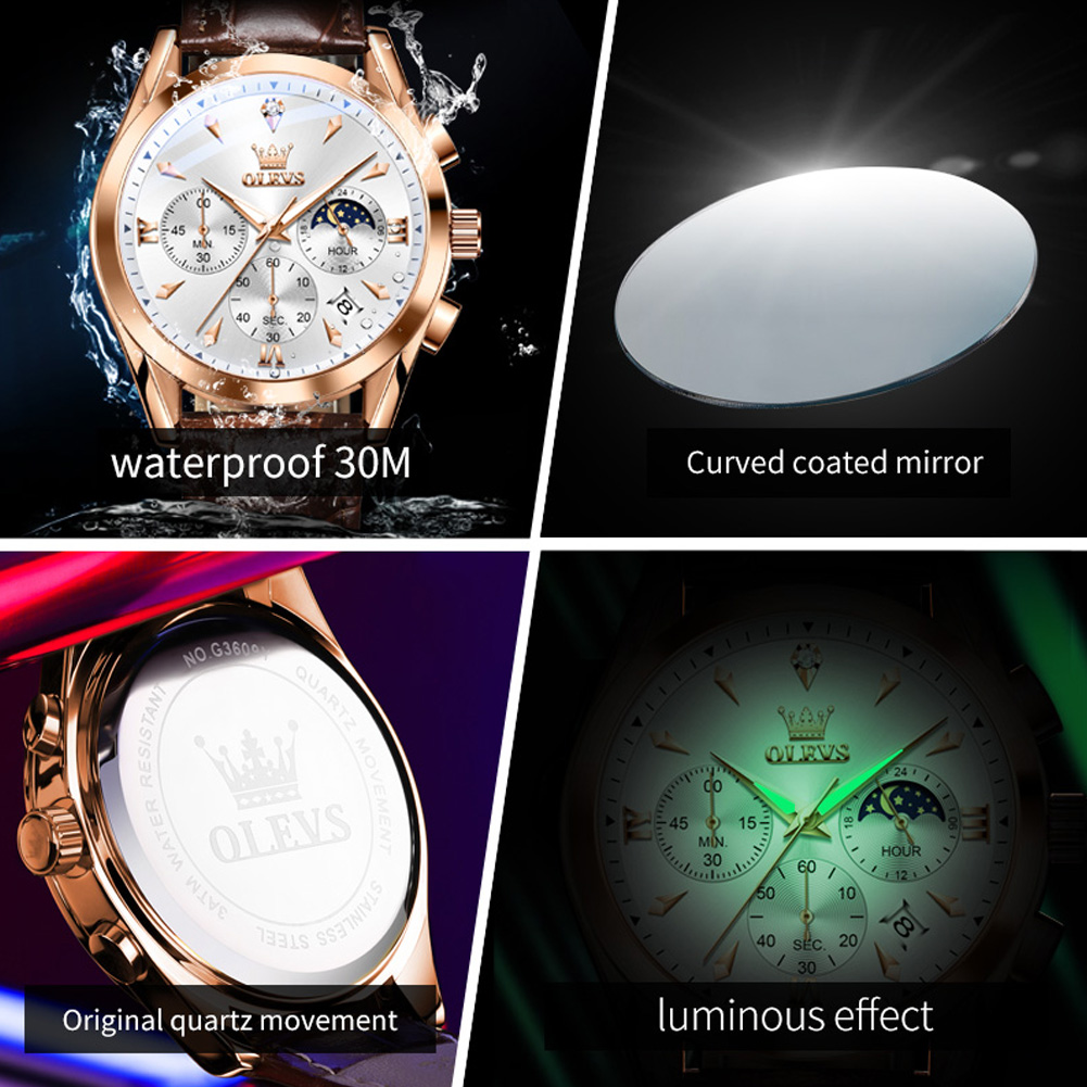 Olevs-メンズレザークォーツ時計,防水,発光,カレンダー - Luxury Watch Manufacturers のレビューと価格