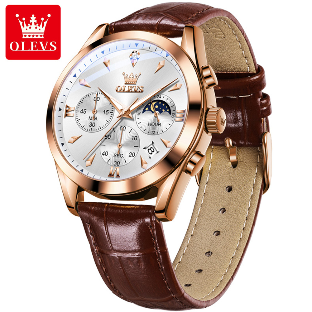 Olevs-メンズレザークォーツ時計,防水,発光,カレンダー - Luxury Watch Manufacturers のレビューと価格